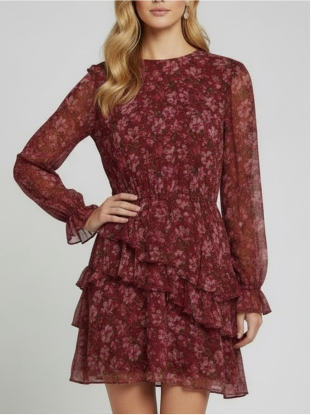 NWT SACHIN + BABI Meg Pink Floral Sheer Long Sleeve Tier Ruffle Dress Size Small